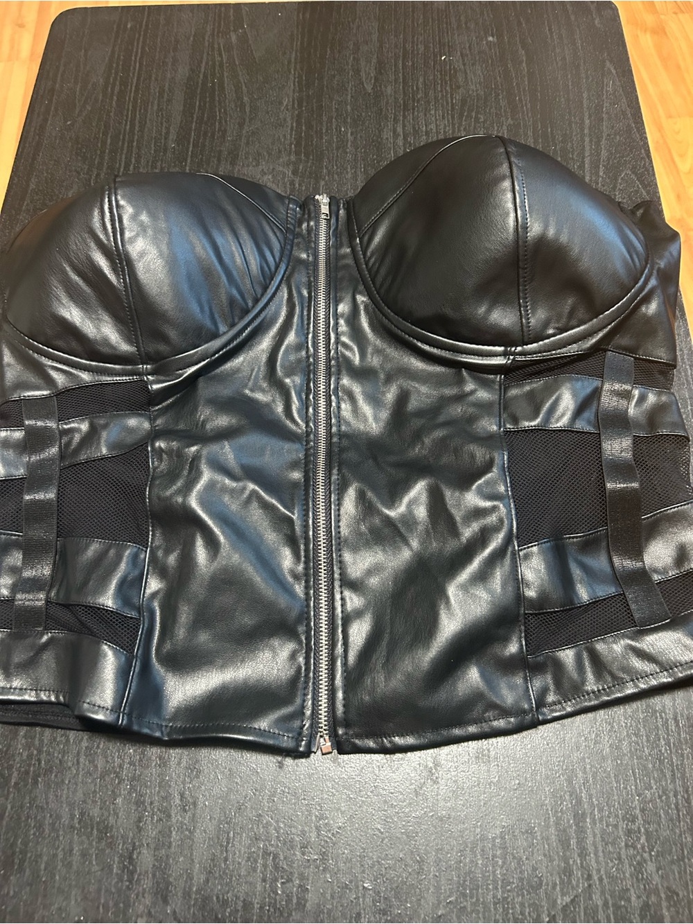 Black Faux Leather Strap-Detail Bustier Crop Top